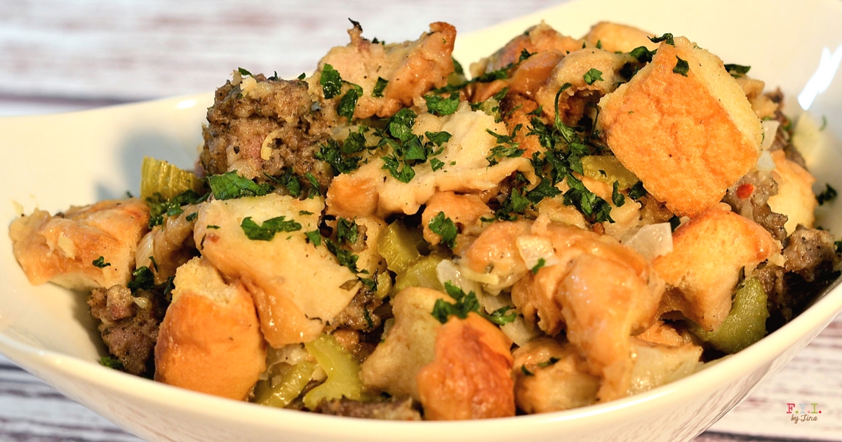 Spicy Slow Cooker Sausage Stuffing • FYI by Tina