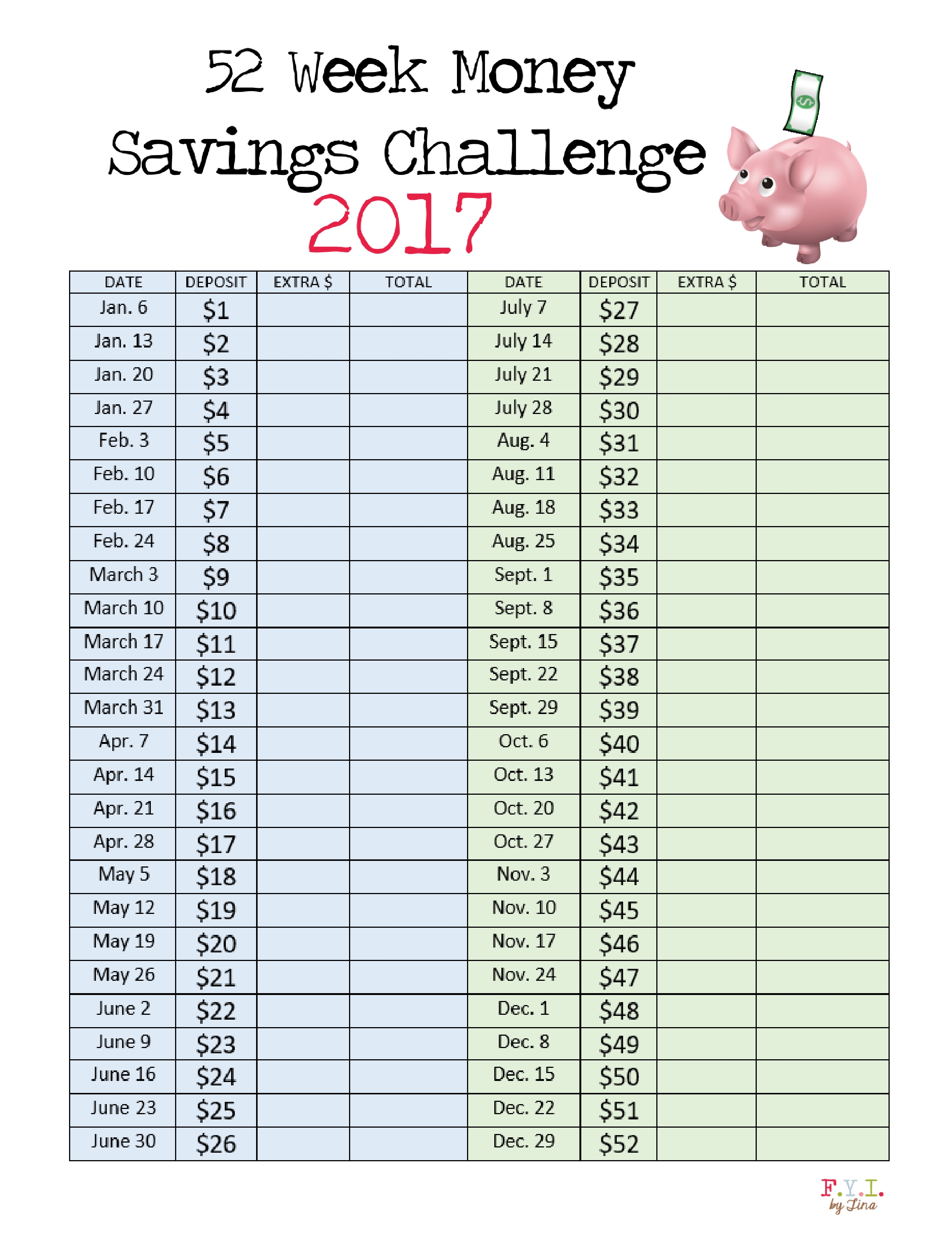 52 Week Money Savings Challenge 2017 Printable Chart • FYI by Tina