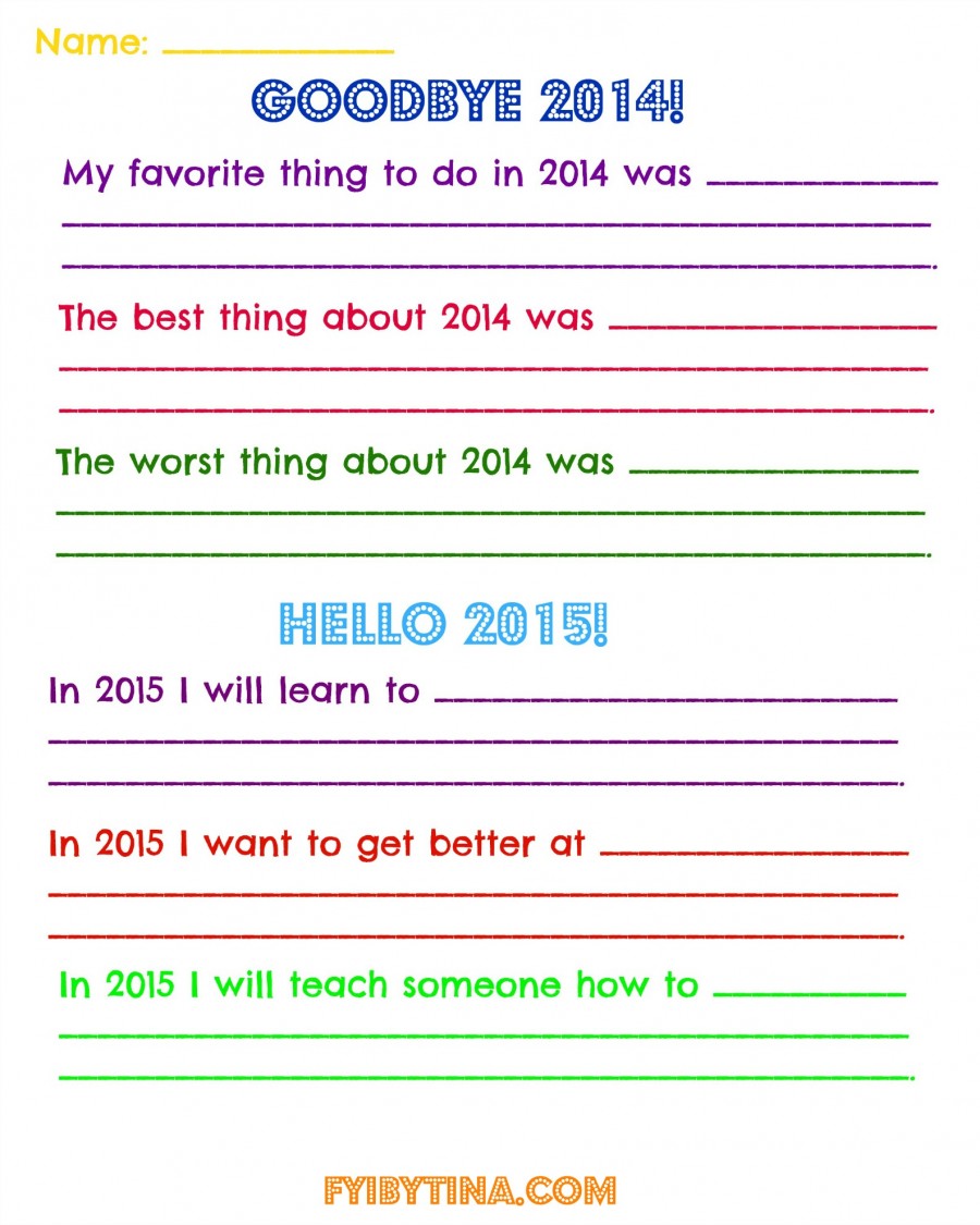 Goodbye 2014 Hello 2015 Goals Free Printable Worksheet